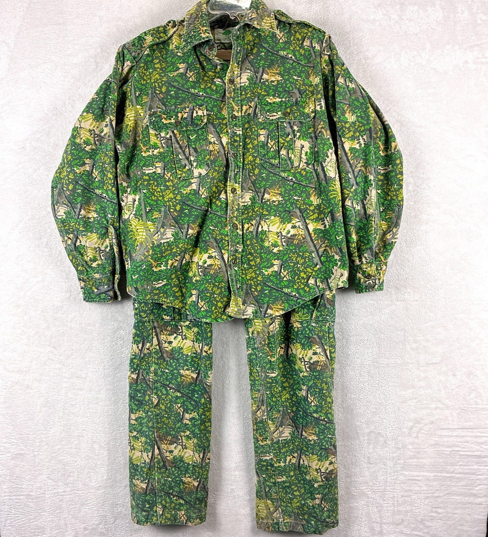 VTG Bushlan Camo Pants Shirt Set Mens M/L Heavy Twill Hunting Outdoors 80s USA